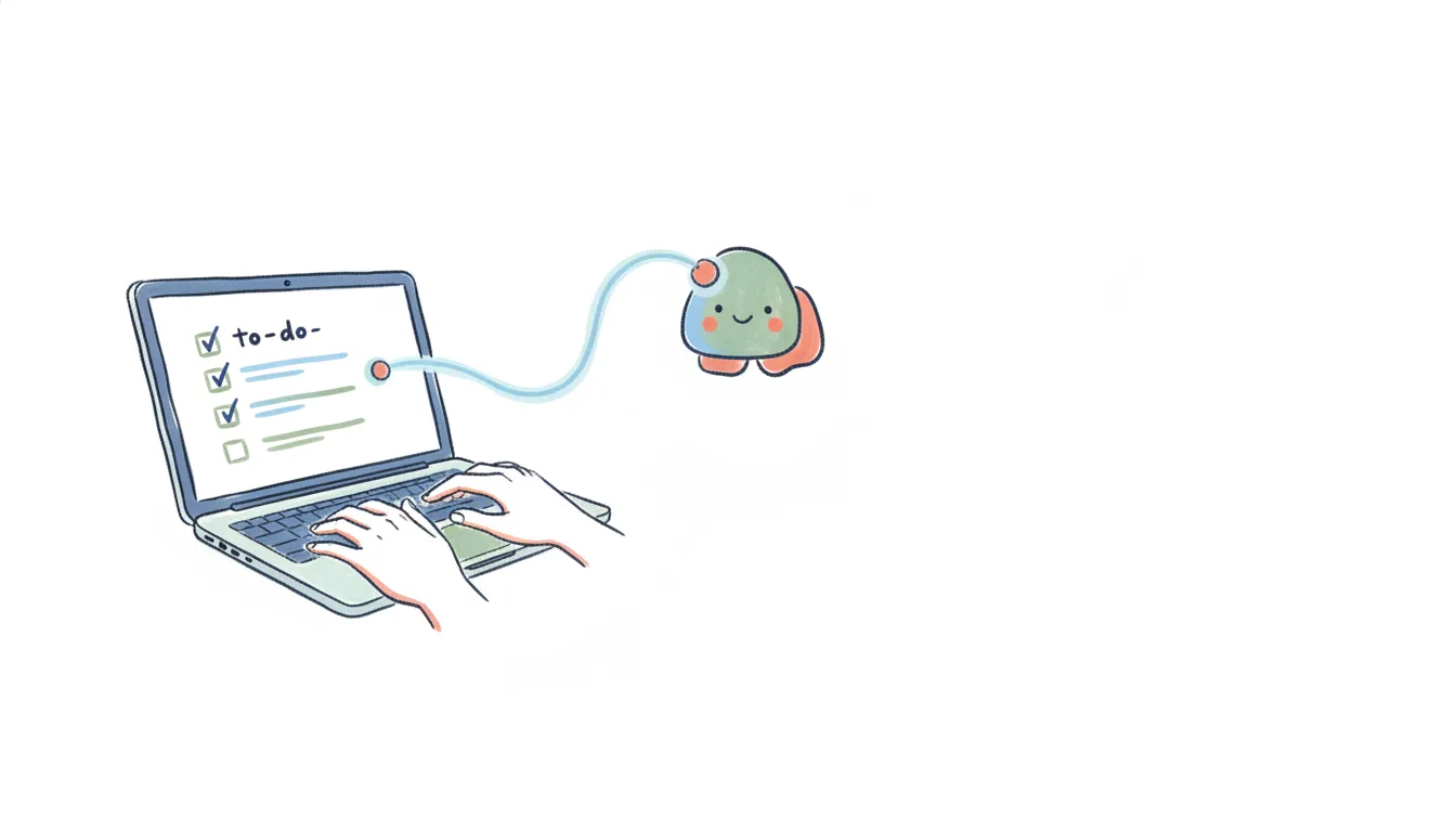 A laptop showing Todoist task and project cards, linked by a connector to a friendly AI assistant