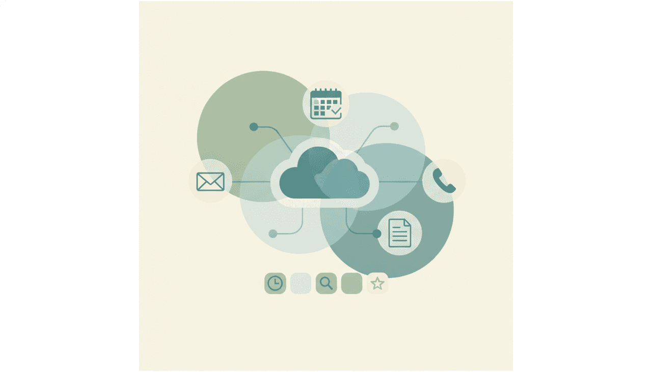 Illustration of a central cloud computer delegating tasks to an inbox, calendar, and documents, with alternative AI assistant app icons arranged alongside