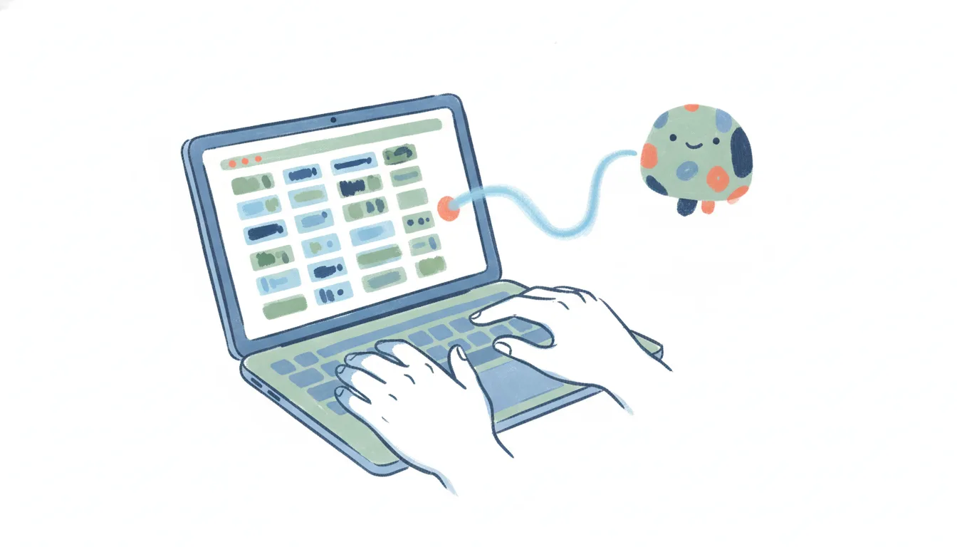 A laptop showing Trello board cards and lists, linked by a connector to a friendly AI assistant