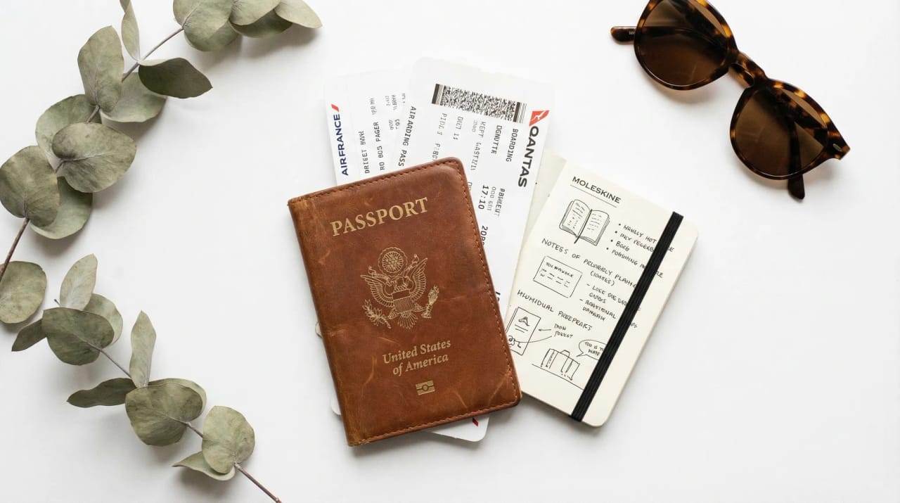 Grid of travel planning app icons floating around an itinerary card and airplane representing TripIt alternatives