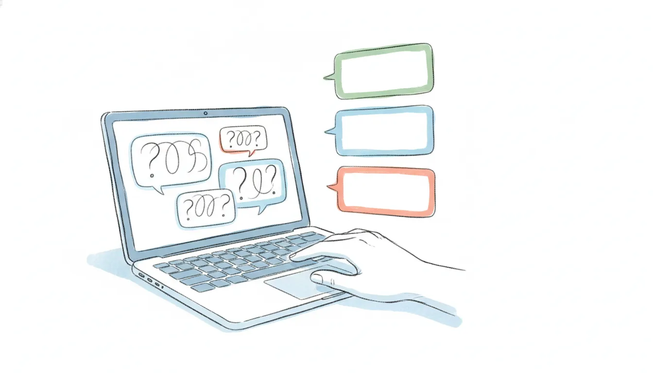 A conversational form interface next to stacked pricing tiers, hand-drawn editorial illustration