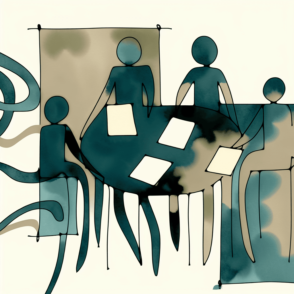 Conference room illustration with agenda, clock, and participant icons representing well-run productive meetings