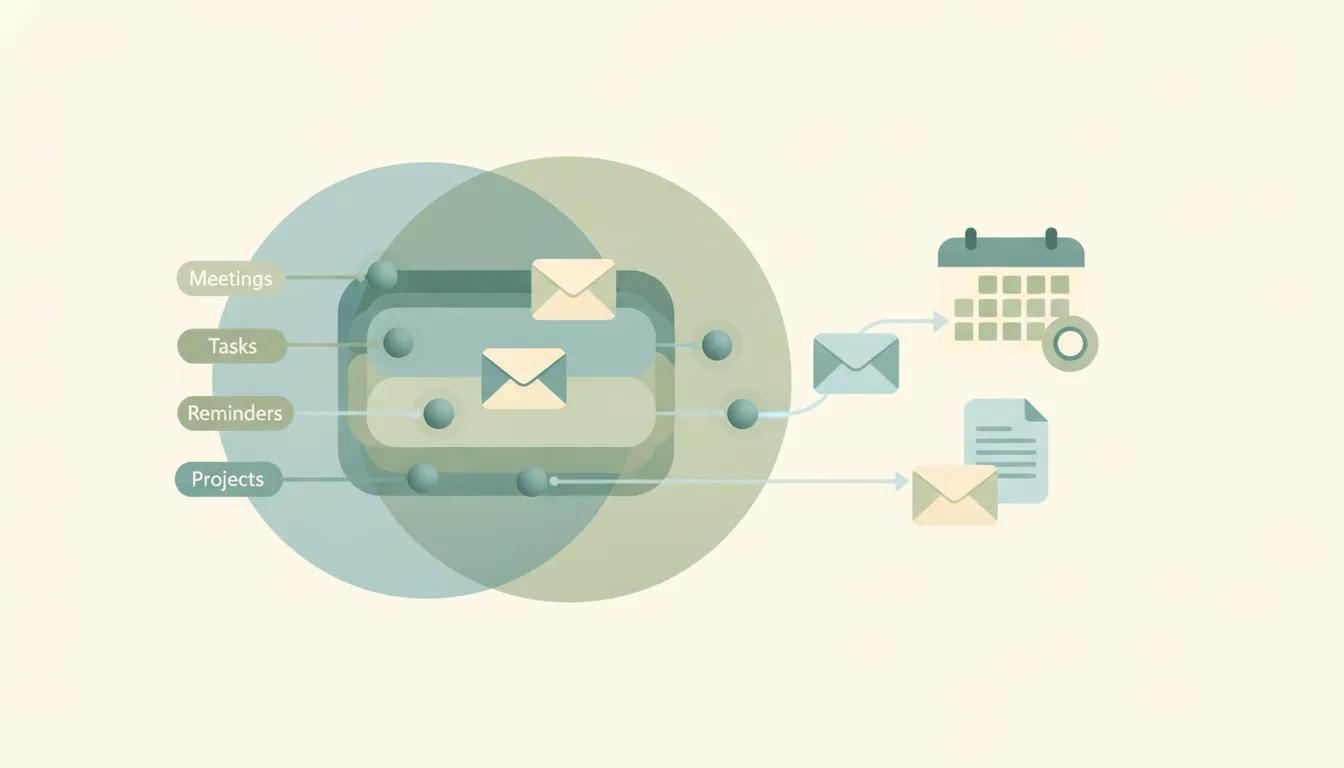 Illustration of an inbox being sorted into labeled streams by small agent shapes, with alternative email app icons arranged alongside