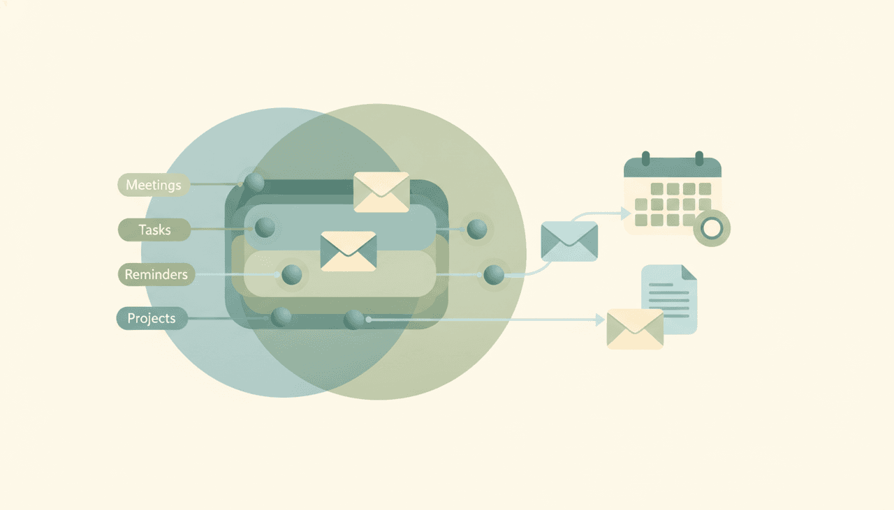 Illustration of an inbox being sorted into labeled streams by small agent shapes, with alternative email app icons arranged alongside
