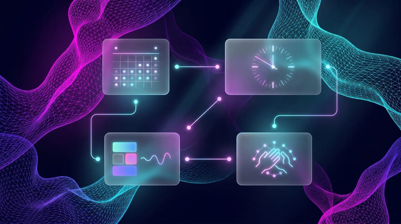Grid of fast calendar app icons floating around a keyboard-shortcut-enabled schedule representing Vimcal alternatives