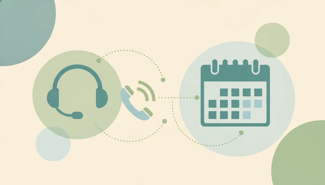 A headset beside a phone handset with sound-wave arcs, linked by dotted lines to a calendar grid over soft layered circles