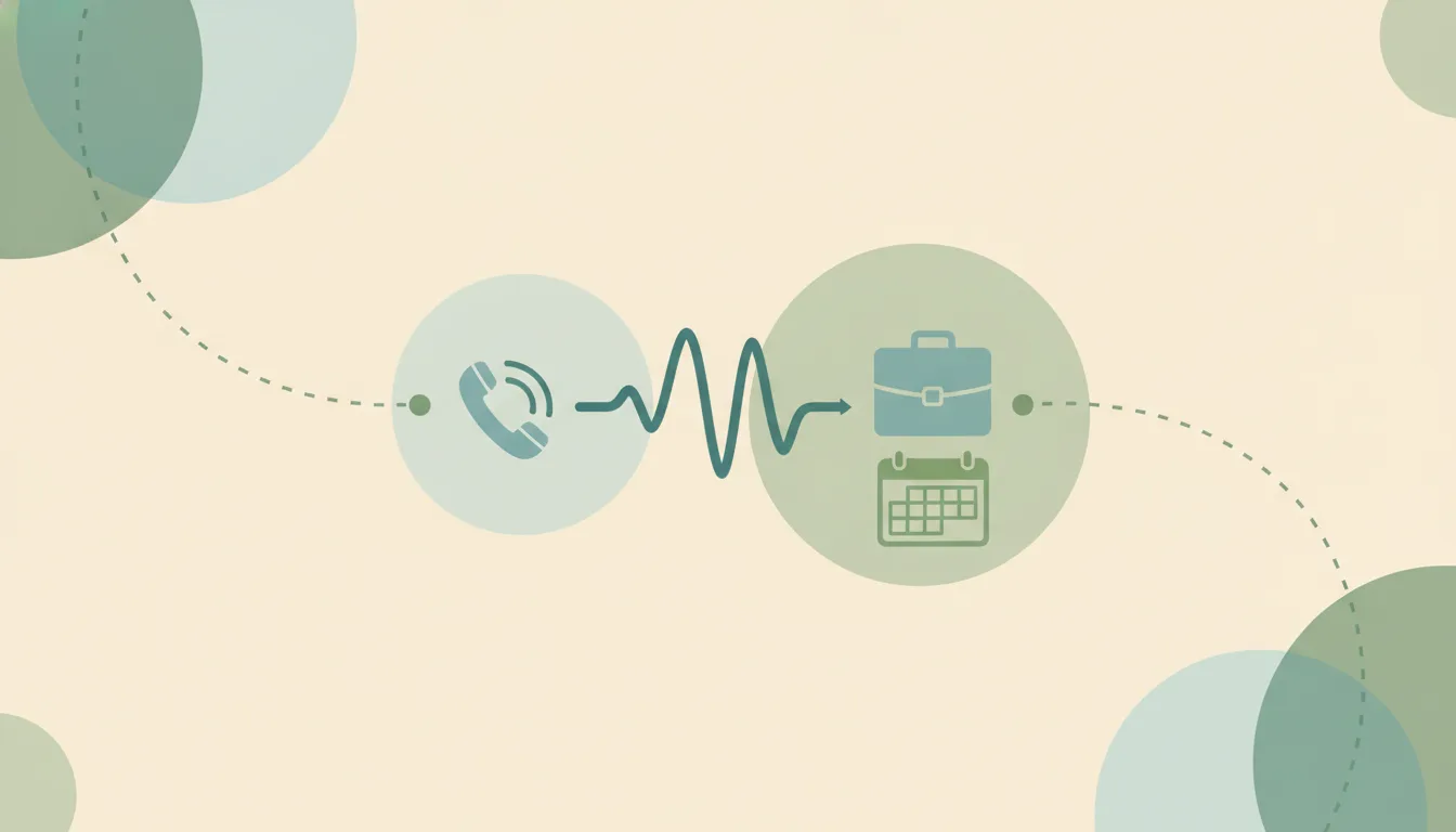 A large sound-wave shape flowing from a phone handset to a briefcase and a calendar grid, linked by dotted lines over soft layered circles