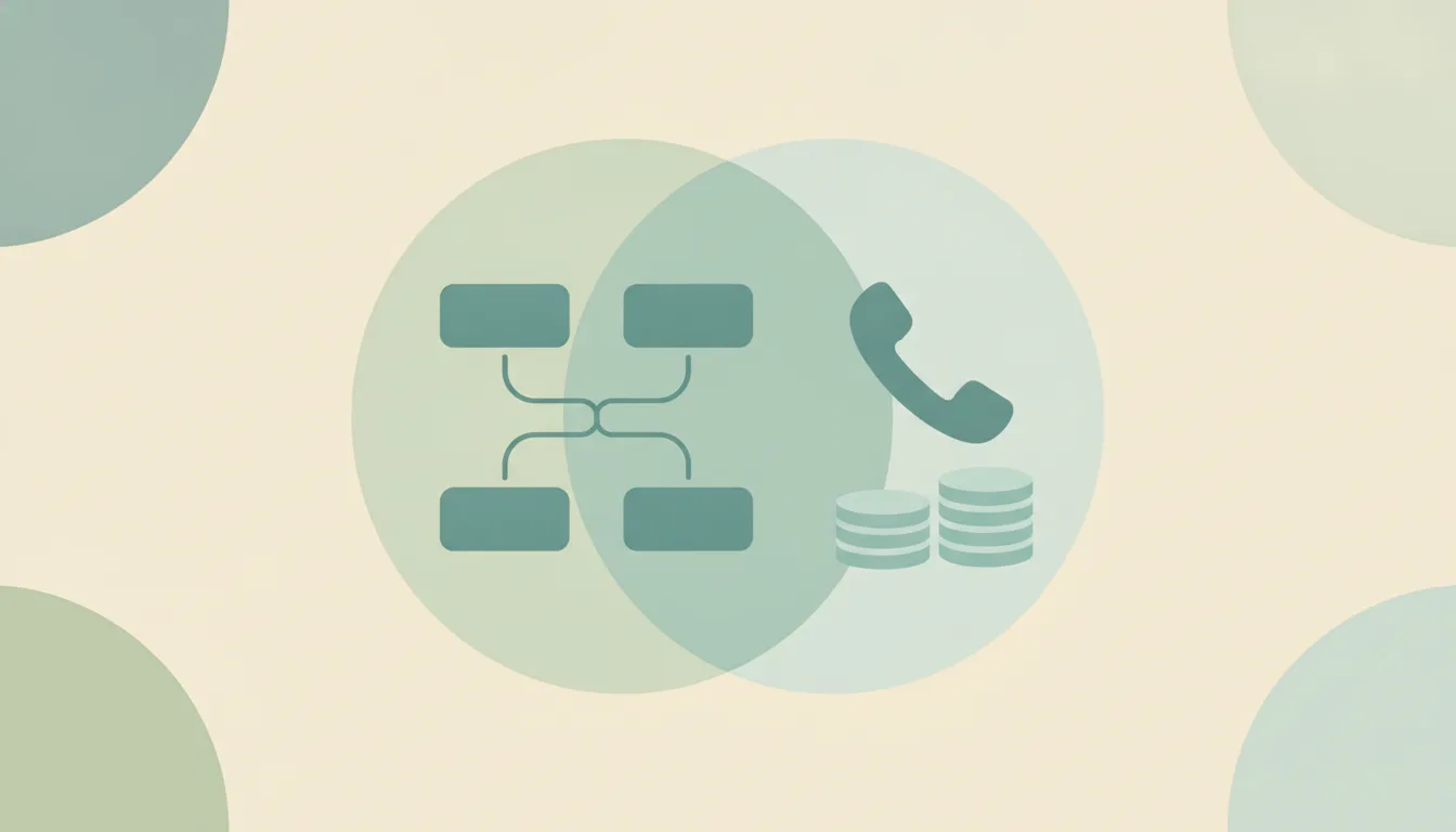 A flowchart of rounded blocks linked by curved lines, beside a phone handset and a short stack of coins, over soft layered circles