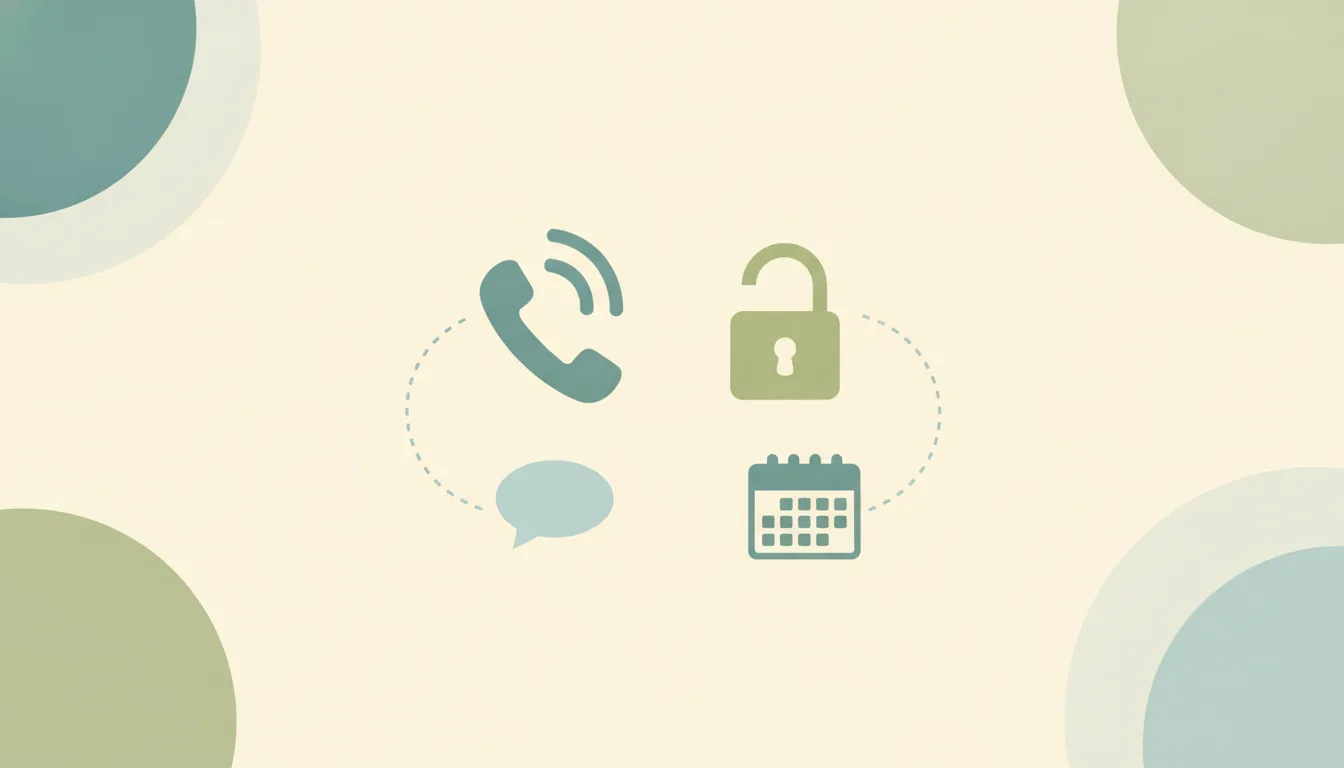 A ringing phone handset with sound-wave arcs linked by dotted lines to a chat bubble and a calendar grid over soft layered circles