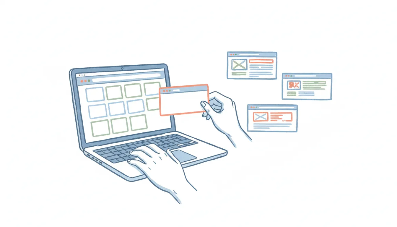 A modern website-builder canvas on a laptop surrounded by the icons of alternative site builders, hand-drawn editorial illustration