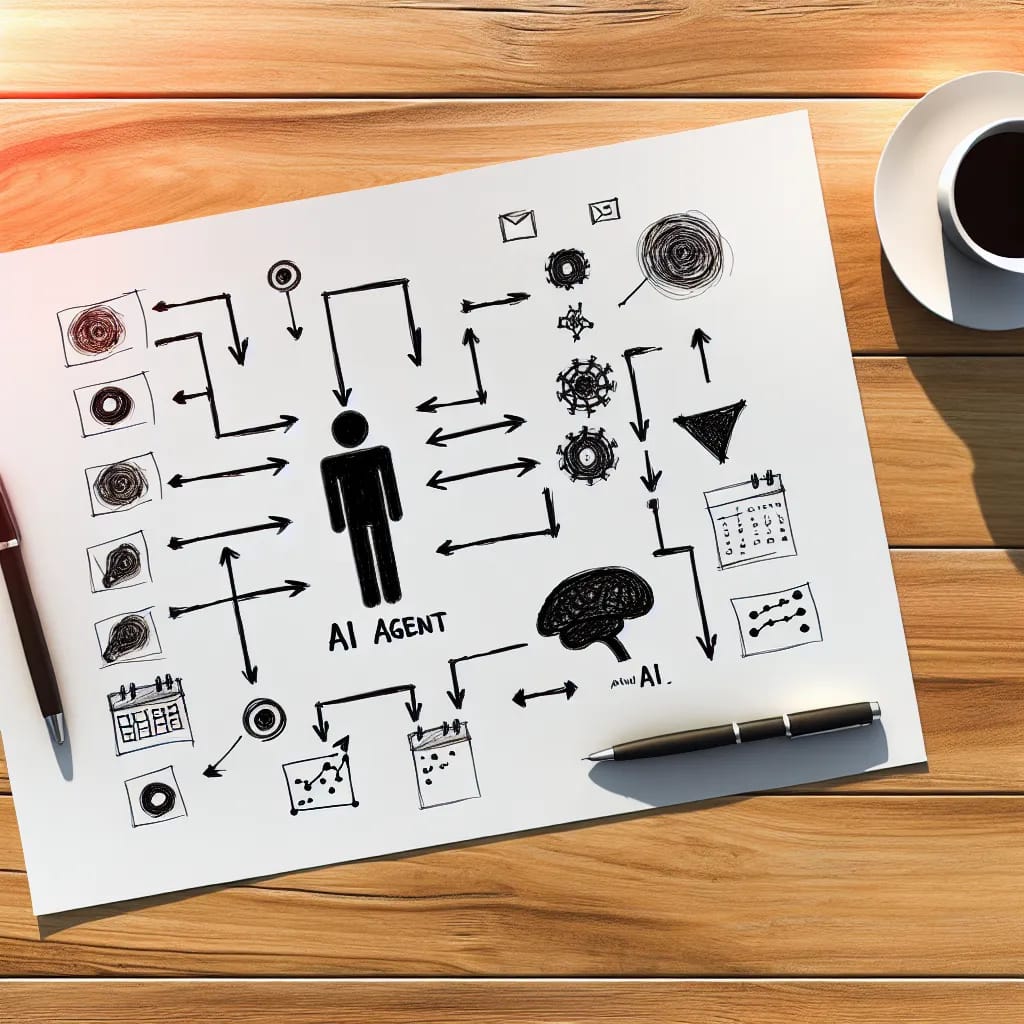 Autonomous AI agent illustration with brain, tools, memory blocks, and connected services representing how agents work
