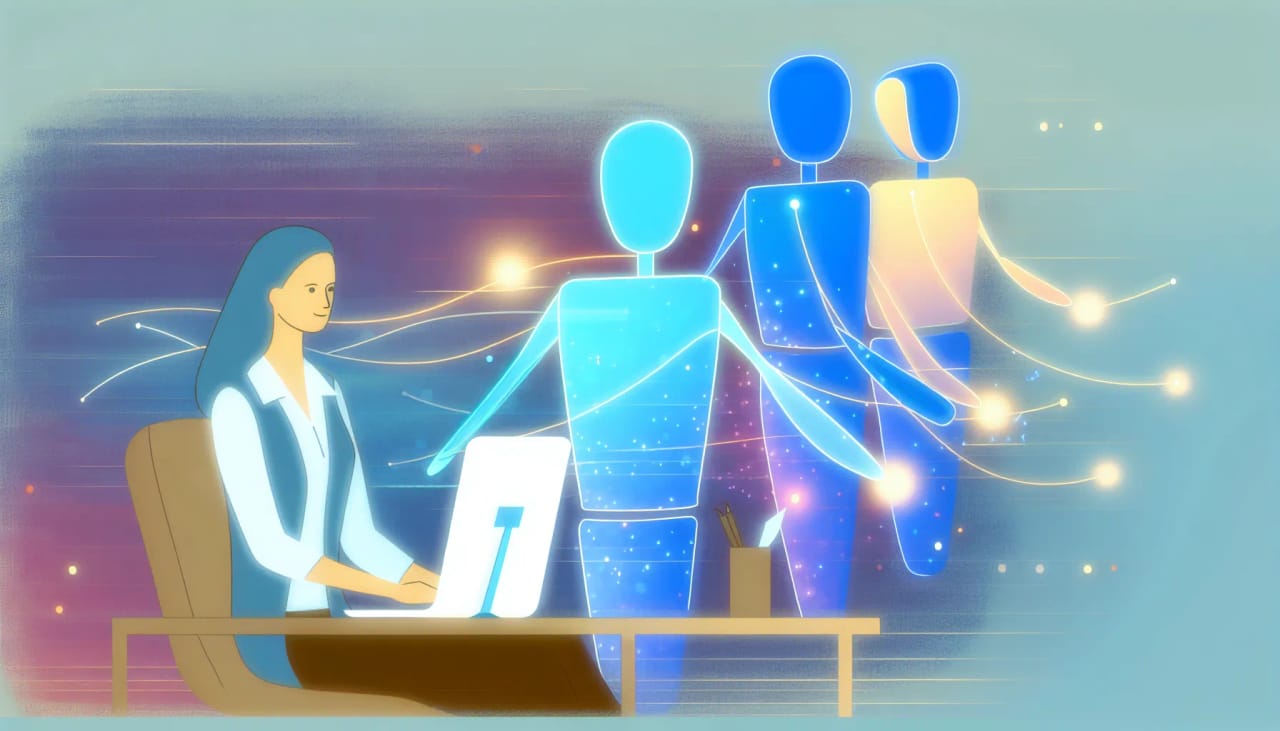 Digital AI worker avatars with name badges sitting beside human teammates at a virtual office representing AI employees