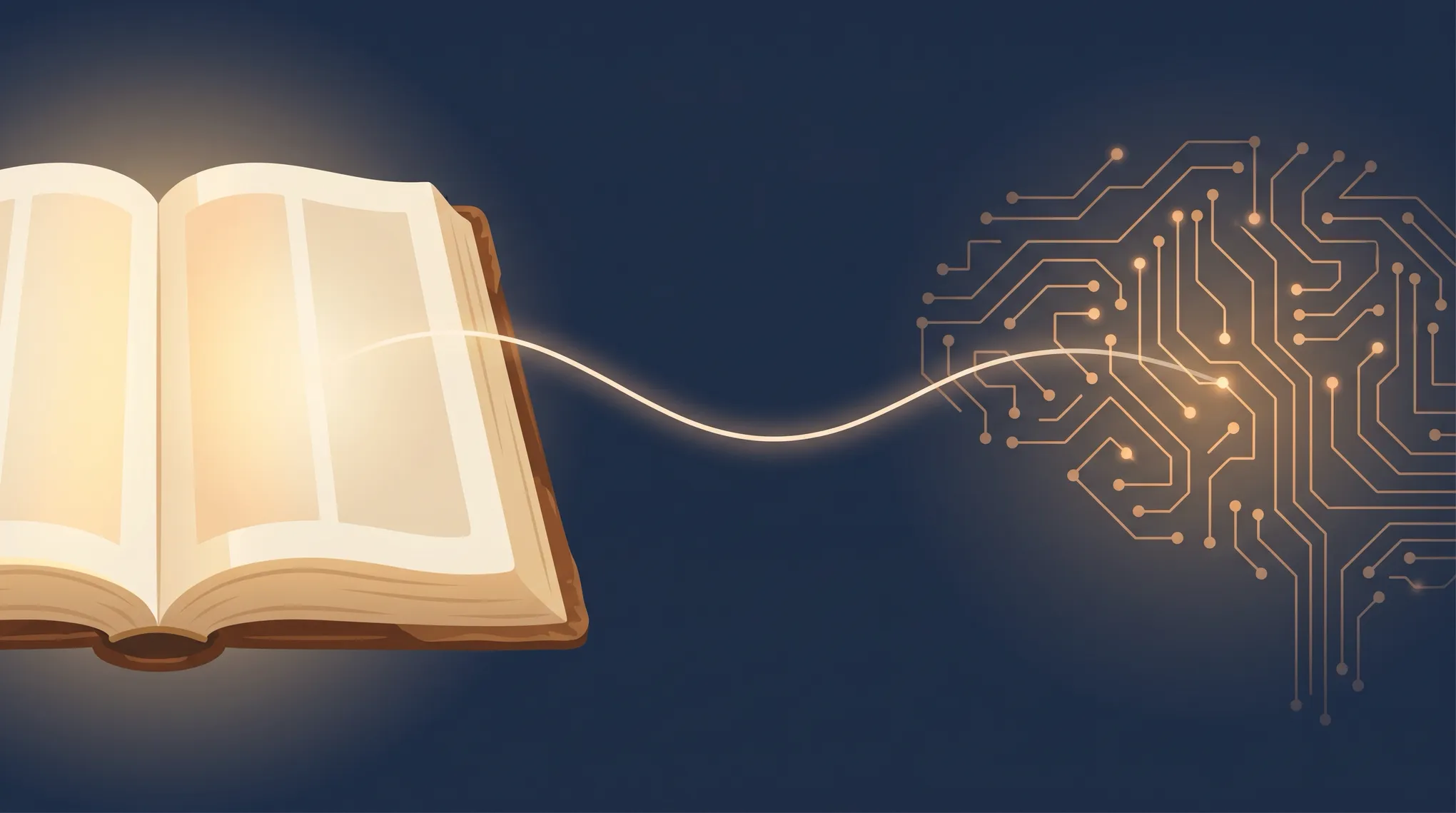 An open Bible beside a glowing circuit-board pattern, light connecting the two over a dark background