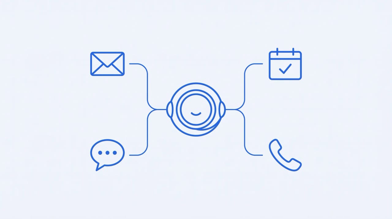 An AI assistant node connected to an envelope, calendar, chat bubble, and phone, illustrating what an AI executive assistant does