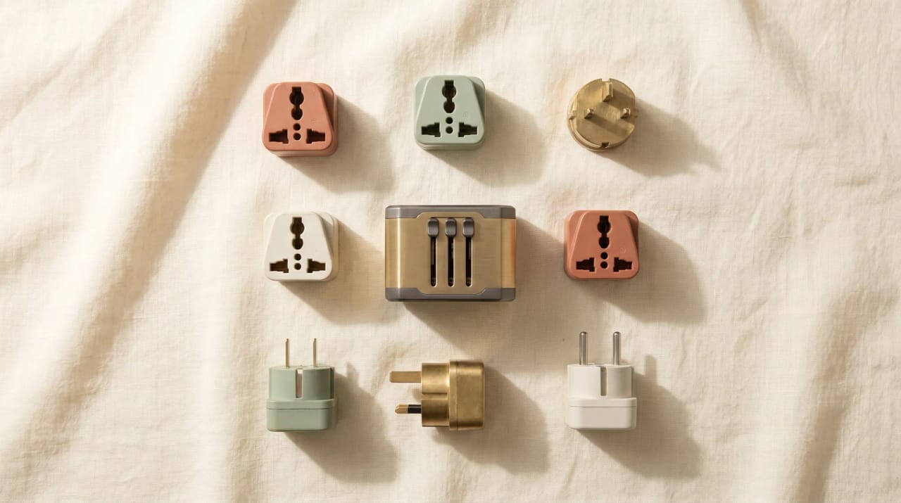 A grid of universal travel adapters on linen — one plug that fits every socket, the way an MCP client aims to fit every app