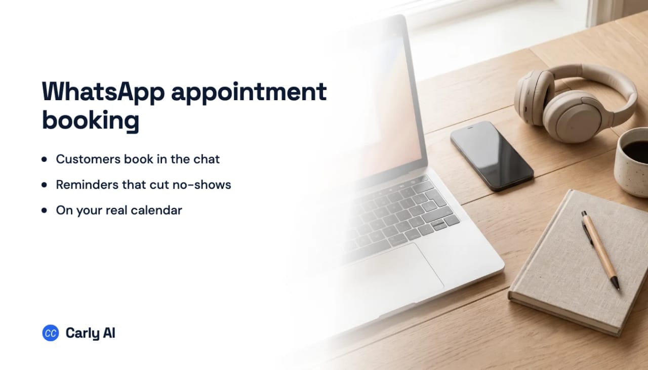 A laptop, phone, headphones and notebook on a wooden desk, beside the headline WhatsApp appointment booking