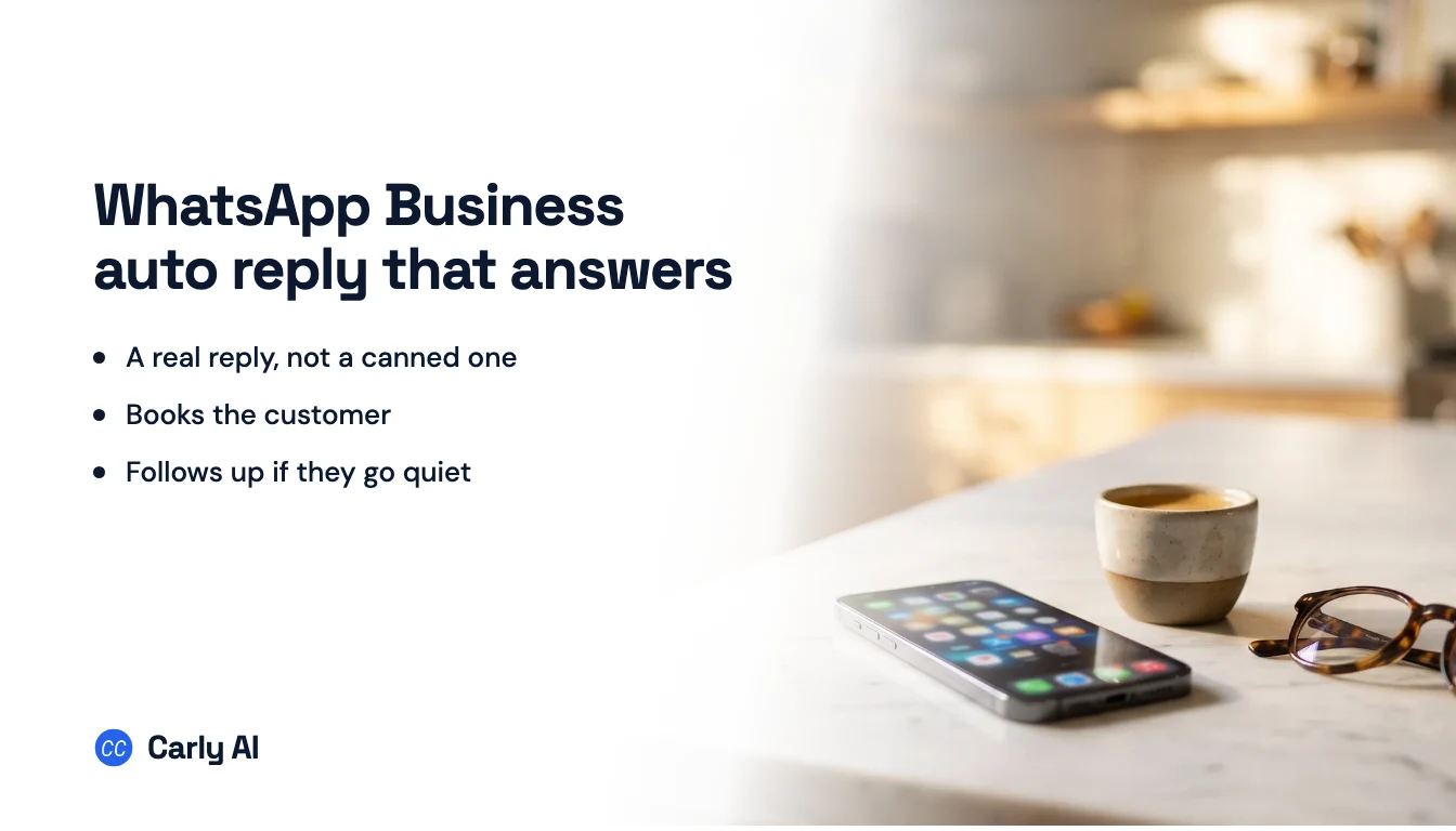 A phone on a table beside a mug and glasses, beside the headline WhatsApp Business auto reply