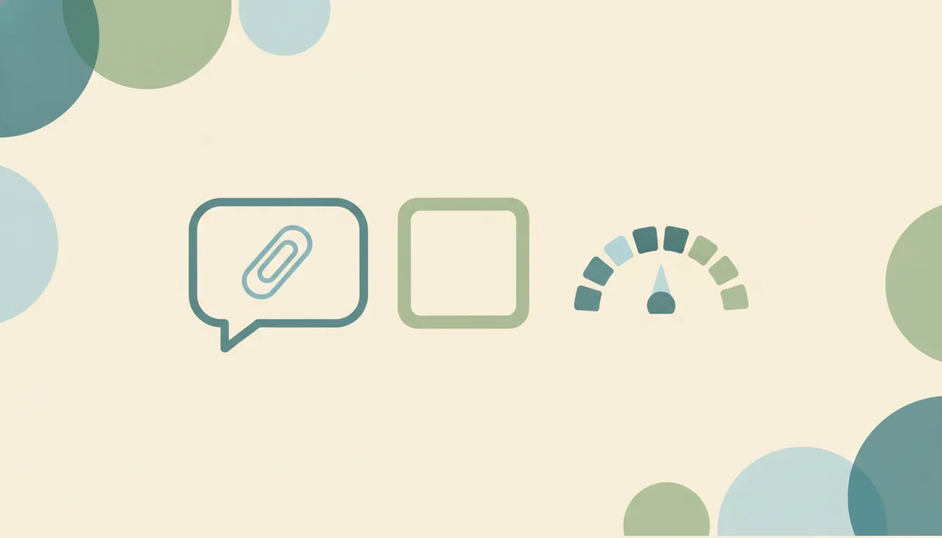 A flat-vector chat bubble beside a paperclip, a photo, and a file-size gauge representing WhatsApp file size limits