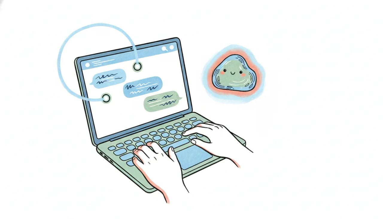 A laptop showing WhatsApp chat threads, linked by a connector to a friendly AI assistant
