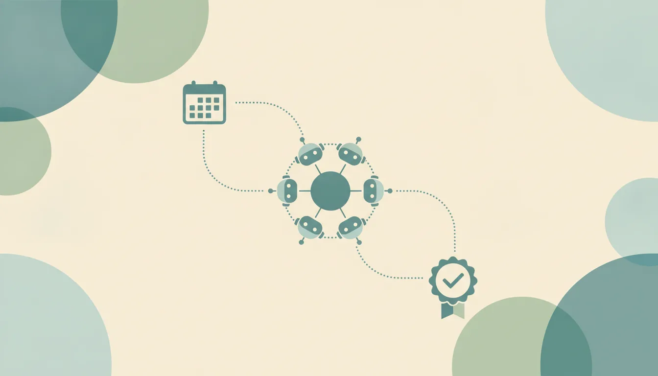 A ring of small robot heads around a central hub, linked by dotted lines to a calendar and a checkmark badge, representing Workday's AI agents