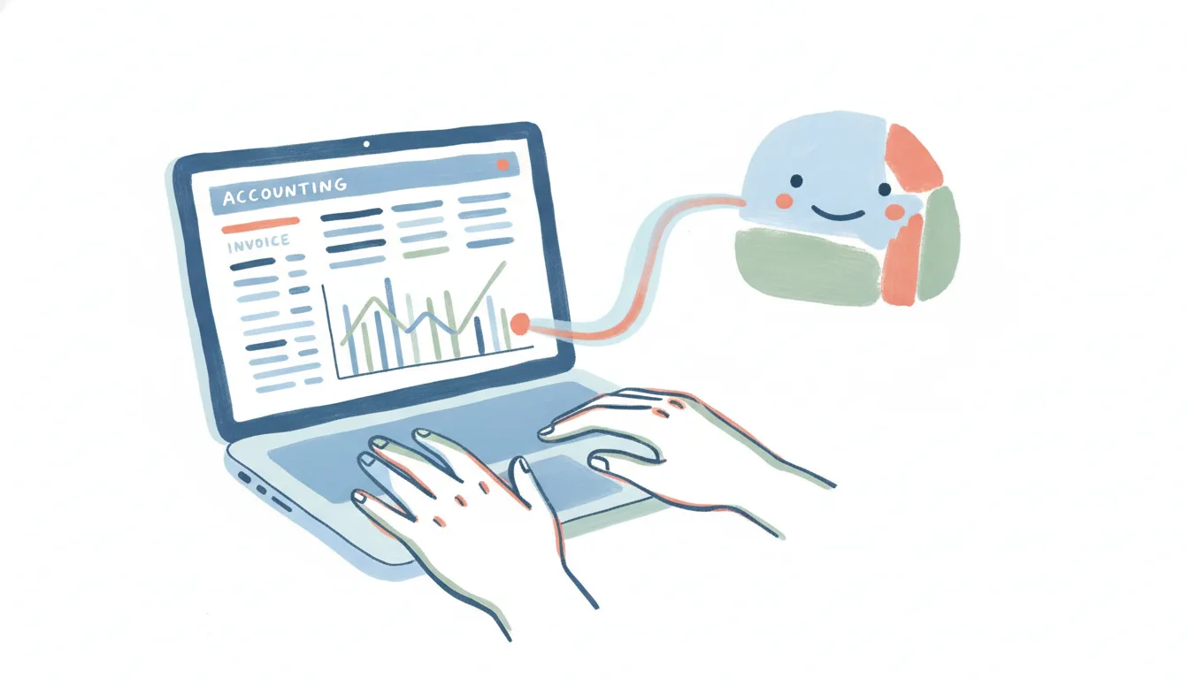 A laptop showing Xero invoices and a chart of accounts, linked by a connector to a friendly AI assistant