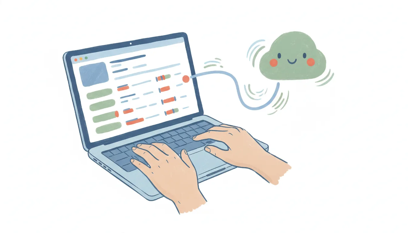 A laptop showing a YNAB budget with category balances and a transaction list, linked by a connector to a friendly AI assistant
