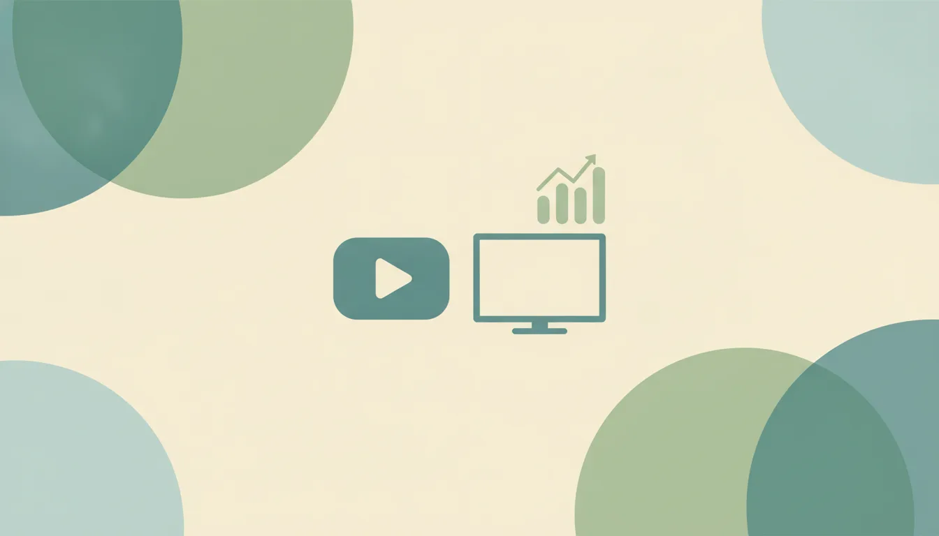 Abstract rounded play button shape beside a television outline and a rising bar chart, over layered circles, representing YouTube statistics