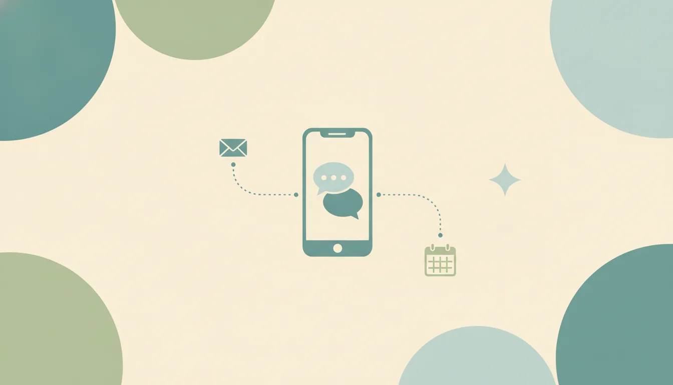 A phone with two chat bubbles linked by dotted lines to an envelope, a calendar and a star, the alternatives to Zapia