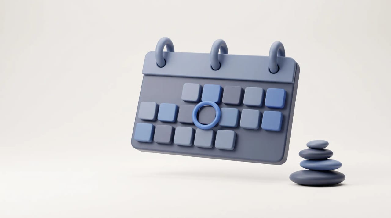 A minimalist calendar with a circled appointment and a zen pebble stack, representing a calm booking tool