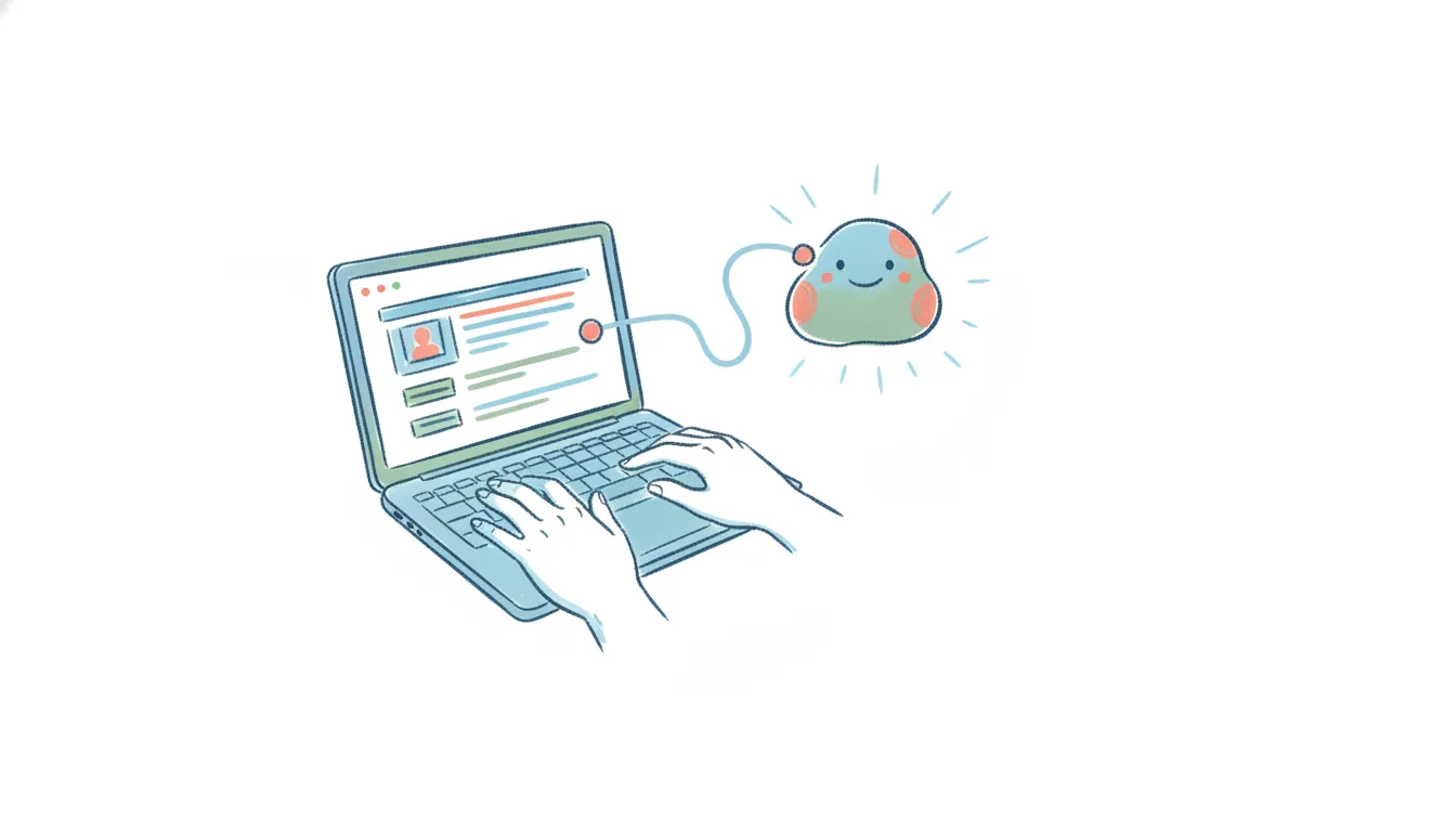 A laptop showing Zendesk support tickets, linked by a connector to a friendly AI assistant