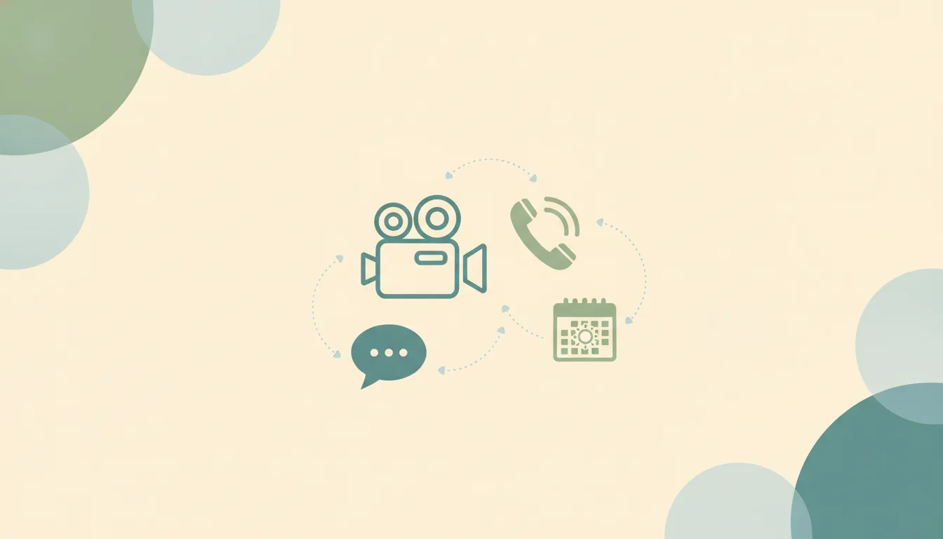 A video camera shape and a ringing phone handset linked by dotted lines to a chat bubble and a calendar grid over soft layered circles