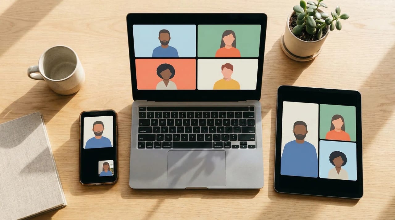 Zoom video call window surrounded by floating icons for alternative meeting and scheduling tools