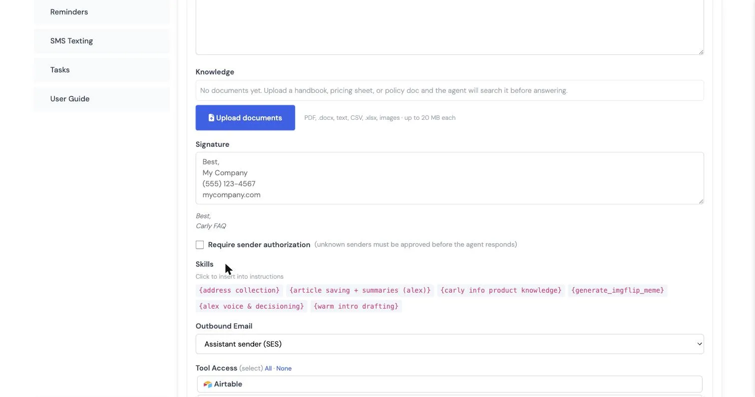 AI email agent configuration showing a knowledge document upload area, a custom email signature, a require-sender-authorization checkbox, and reusable skills