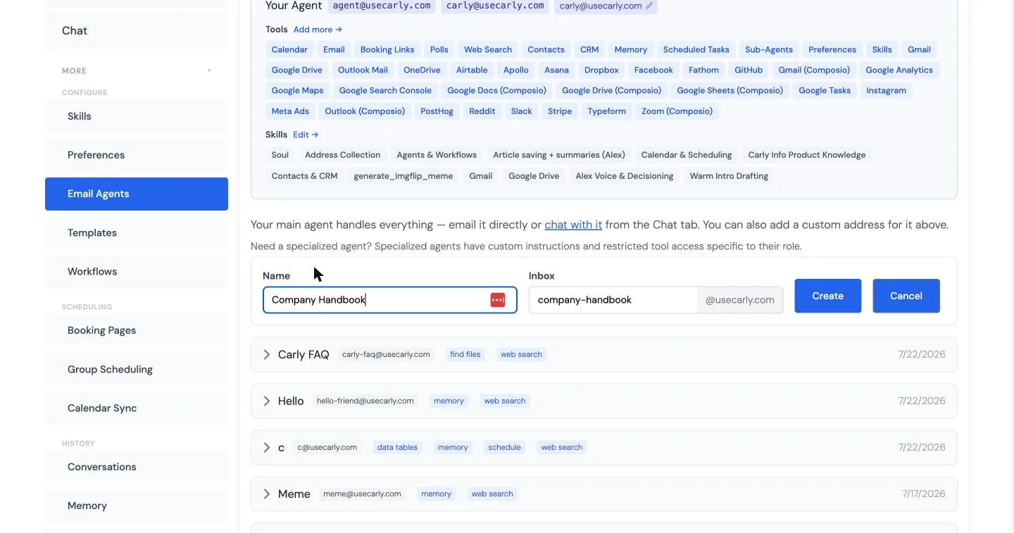 Creating an AI email agent in the Carly dashboard: a name field reading Company Handbook and an inbox field reading company-handbook @usecarly.com