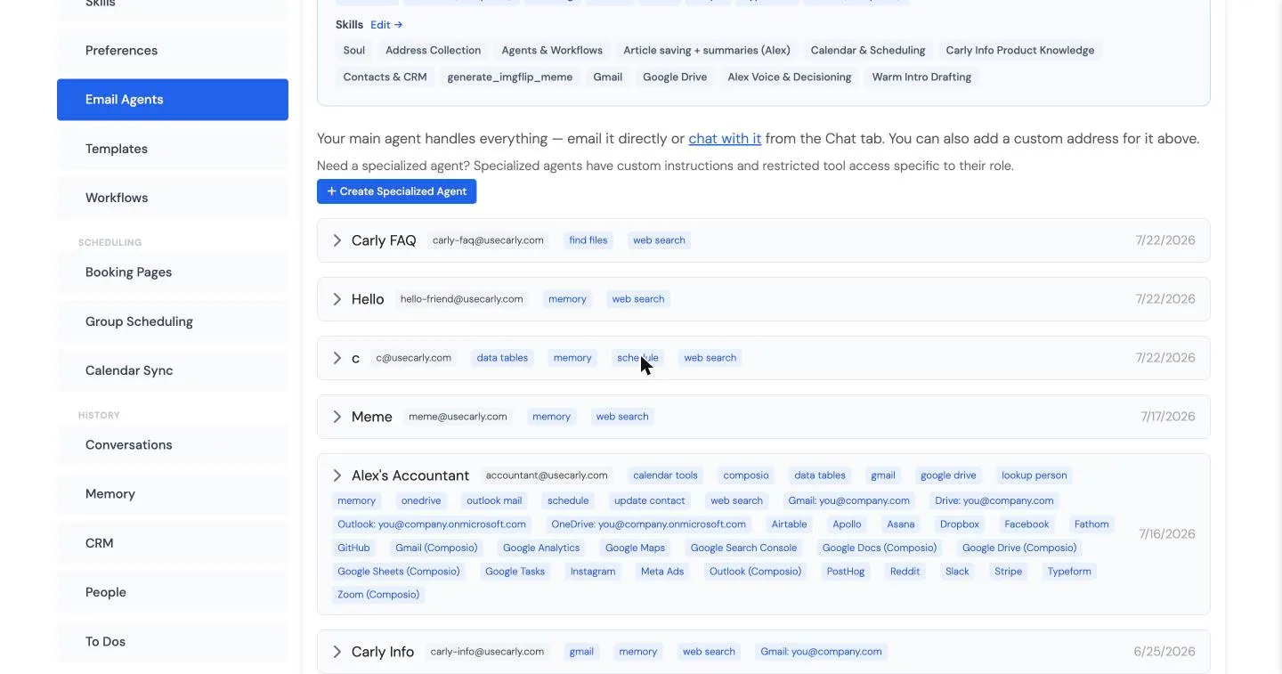 List of specialized AI email agents, each with its own email address and its own restricted set of tools like data tables, memory, and web search