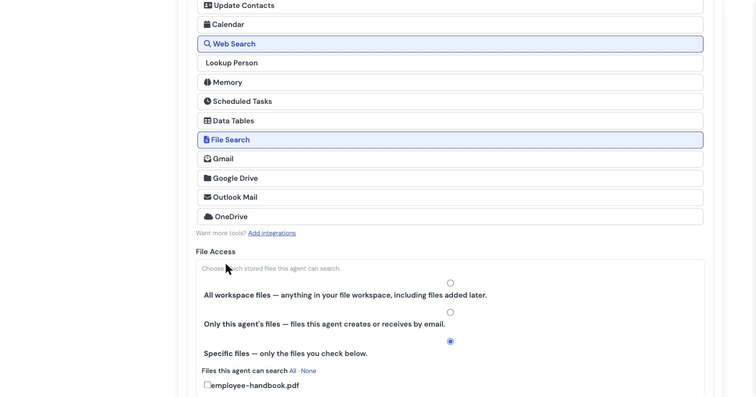 Tool access list for an AI email agent with web search and file search selected, plus file access scopes limiting the agent to specific documents
